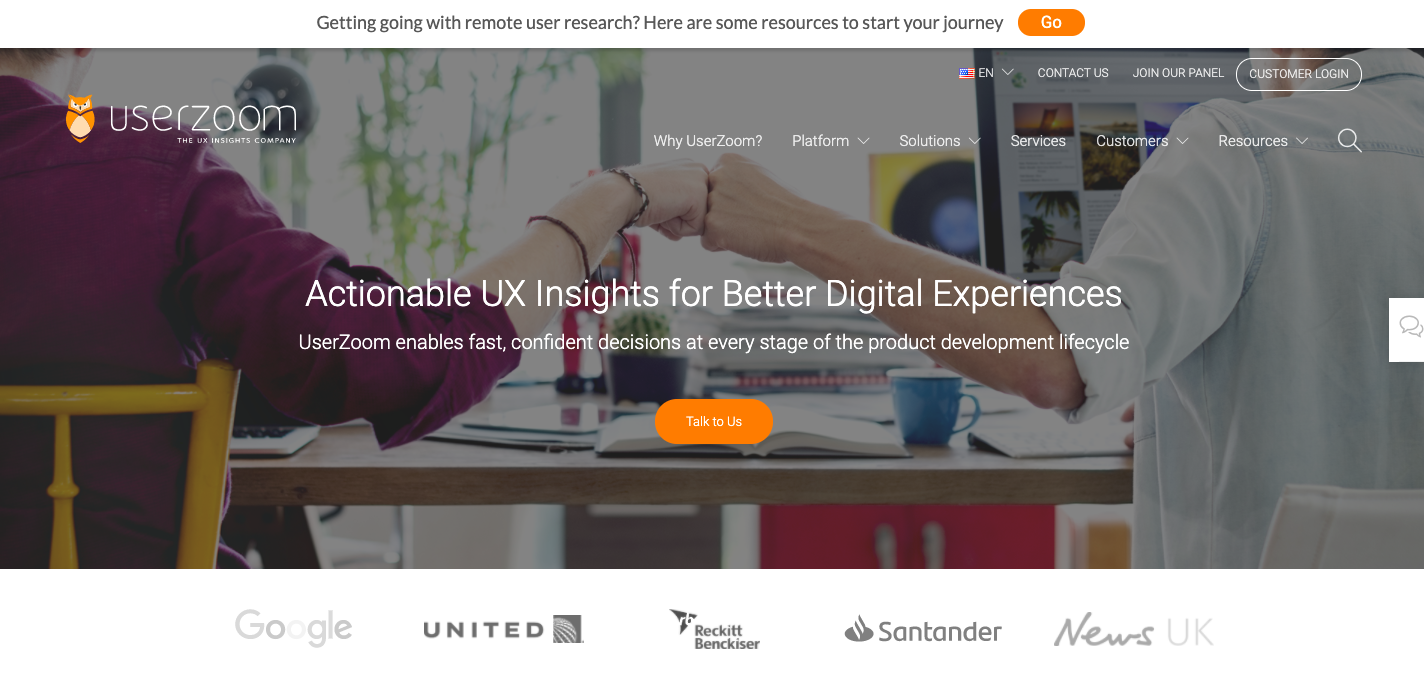 UserZoom Homepage Screenshot of the UserZoom homepage on April 22, 2020