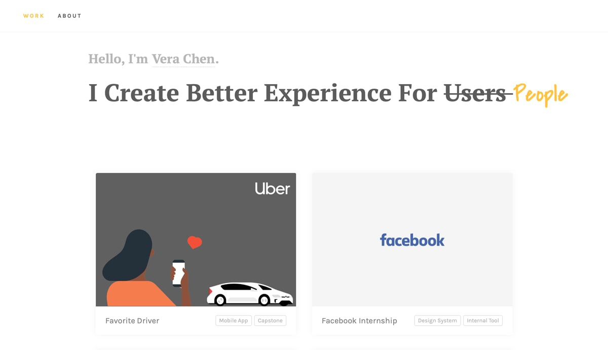 UX design portfolio examples - Vera Chen The homepage of Vera Chen's UX design portfolio