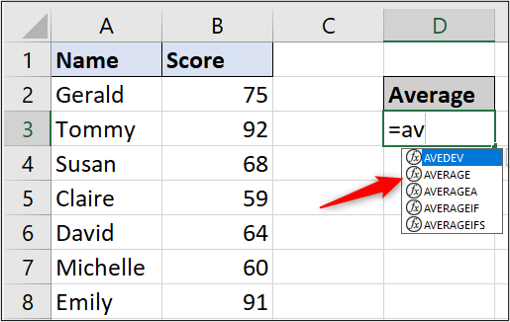 A simple Excel spreadsheet containing data for student names and test scores. The user has typed "equals" and then "av" into a cell, and a dropdown has appeared with various average functions. A simple Excel spreadsheet containing data for student names and test scores. The user has typed "equals" and then "av" into a cell, and a dropdown has appeared with various average functions.